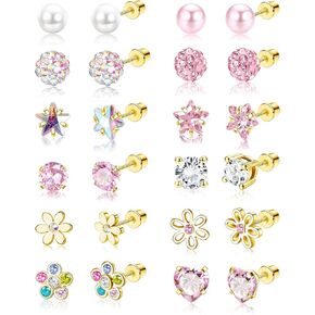 SAILIMUE 12 Pairs Hypoallergenic Screw Back Earrings for Women Girls Surgical Steel Cute Heart CZ Flower Pearl Ball Tiny Screwback Stud Earring in Saudi Arabia