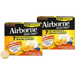 Airborne 1000mg Vitamin C with Zinc Effervescent Tablets, Immune Support Supplement with Powerful Antioxidants Vitamins A C & E - 30 Fizzy Drink Tablets, Zesty Orange Flavor (30 Count (Pack of 2)) in Saudi Arabia