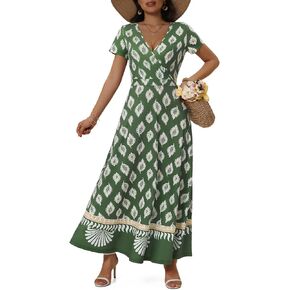 HUHOT Women's Short Sleeve Wrap V Neck Dresses for Wedding Guest Summer Floral Maxi Sundresses with Pockets in Saudi Arabia
