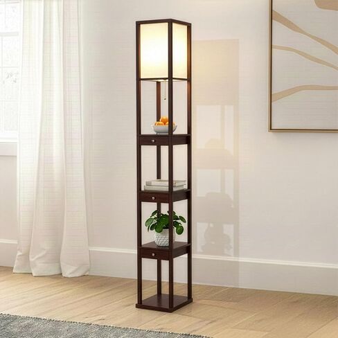 Brightech Maxwell Drawer Edition - مصباح أرضي حديث على الرف مع درج - مصابيح أرضية لعرض الزاوية مع أرفف لغرفة المعيشة وغرفة النوم والمكتب - بني هافانا in Kuwait