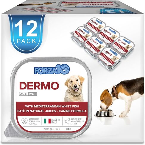 Forza10 Actiwet Dermo Wet Dog Food، أوميغا 3 طعام الكلاب المعلب لصحة البشرة الحساسة، فقدان فراء الجلد الجاف، 3.5 أونصة، نكهة السمك، الكلاب البالغة (32 حزمة) in Kuwait
