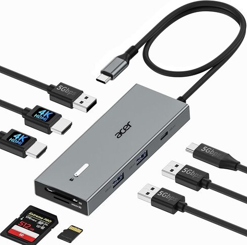 Acer USB C Hub, 7 in 1 USB C to HDMI Adapter, 4K@60Hz HDMI, 2 USB 3.1 and Type-C Data Port, 100W PD, SD Card Reader, One-Touch Screen On/Off Button for MacBook Pro/air, iPad Pro/air, Switch (Grey) in Saudi Arabia