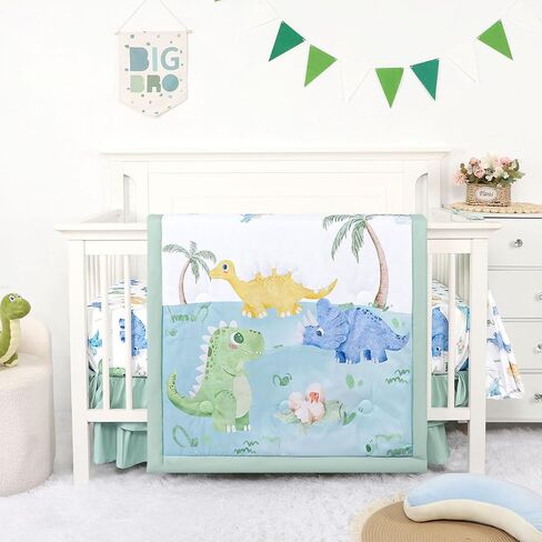 TANOFAR 4 Piece Crib Bedding Set for Boys, Dinosaur Baby Crib Bedding Set, Soft Crib Sets-Comforter, Fitted Crib Sheet, Crib Skirt, and Diaper Stacker, Blue in Saudi Arabia