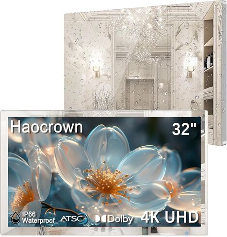 Haocrown 32 Inch Smart Bathroom TV 4K Ultra HD Android TV IP66 Waterproof Smart Mirror TV Google Assistant Built-in with Voice Remote,ATSC Tuner, Suitable for Bathroom Sauna(Black Frame,2024 Model) in Saudi Arabia