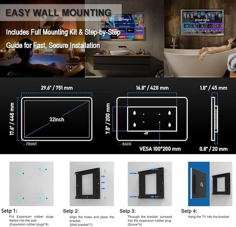 Haocrown 32 Inch Smart Bathroom TV 4K Ultra HD Android TV IP66 Waterproof Smart Mirror TV Google Assistant Built-in with Voice Remote,ATSC Tuner, Suitable for Bathroom Sauna(Black Frame,2024 Model) in Saudi Arabia