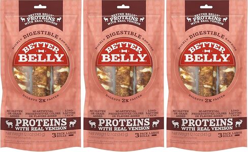 Better Belly Proteins with Real Venison Large Rolls 3 Count, Digestible Rawhide for Dogs, 12.1 Ounce (Pack of 1) in Saudi Arabia