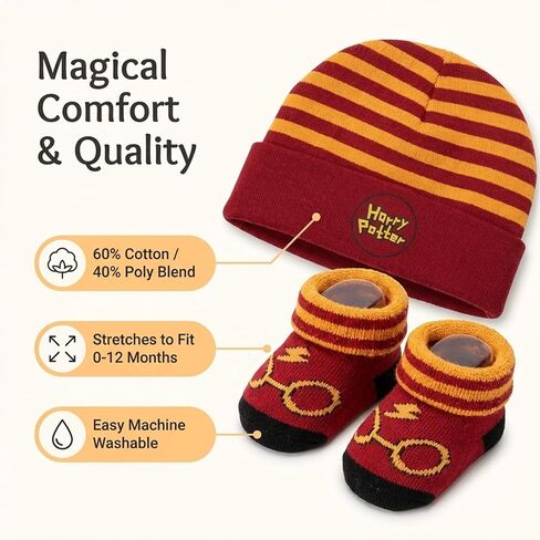 Harry Potter Baby Boys Cap and Bootie Set - Baby Gift Set with Hat and Socks for 0-12 Months (0-12Months) in Saudi Arabia