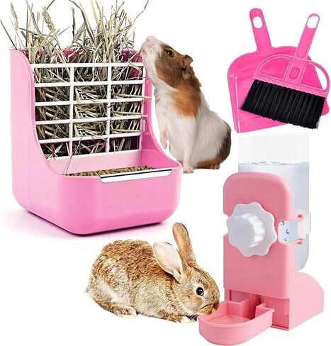 HERCOCCI Rabbit Hay Food Bin Feeder and Bunny Water Bottle Set, Hay Food Feeder Bowls Manger Rack with 500ml Hanging Water Dispenser Prevent Knock Over for Rabbit Guinea Pig Chinchilla (Large, Pink) in Kuwait