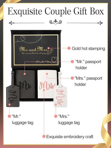 Mr. and Mrs. Luggage Tags and Passport Holder Set - Bridal Shower Gifts with 2 Passport Leather Covers, Wedding Honeymoon Travel Essentials for Bride & Groom Couples (2 Sets, Embroidery Style) in Kuwait