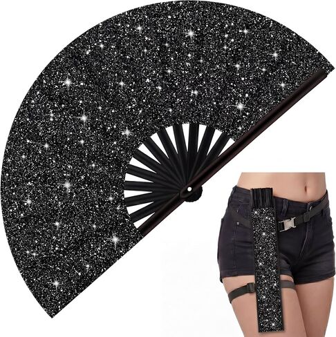 Ripeng Glitter Large Rave Folding Clack مروحة محمولة مع حزام للساق وحقيبة قماشية للرجال والنساء لموسيقى الرقص والأداء والديكور وإكسسوارات مهرجان الهذيان in Kuwait