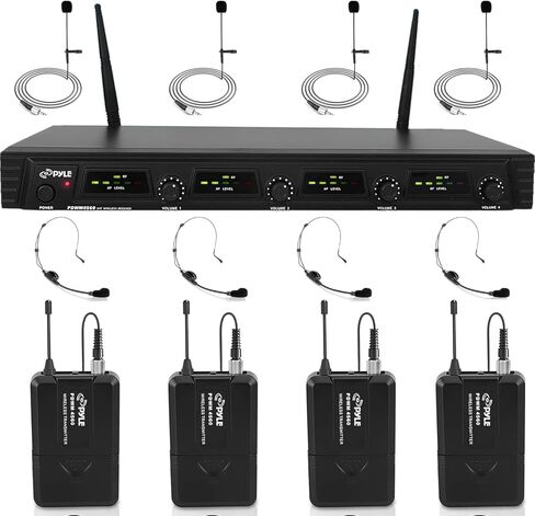 نظام ميكروفون لاسلكي بايل 4 قنوات UHF وقاعدة قابلة للتركيب على الرف 4 سماعات، 4 حزم أحزمة، 4 ميكروفون Lavelier/طية صدر السترة مع عناصر تحكم مستقلة في مستوى الصوت ومؤشرات إشارة AF وRF (PDWM4560)، أسود in Saudi Arabia