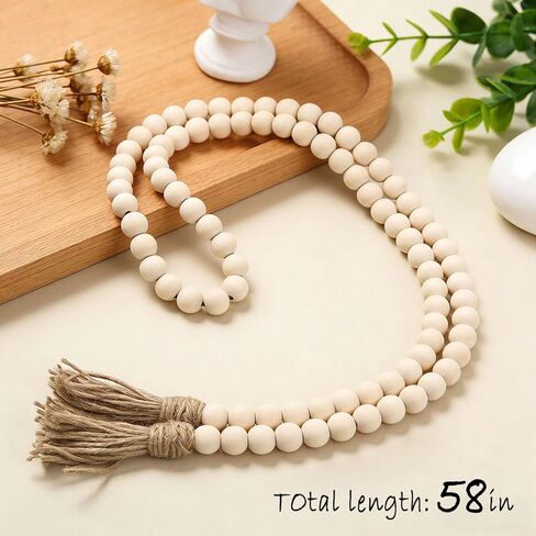 59in Wood Bead Garland, 10pcs Eucalyptus Stems Artificial Eucalyptus Leaves, Farmhouse Beads Rustic Country Prayer Boho Beads for Wedding Centerpiece Tiered Tray Coffee Table Mantel Decor in Saudi Arabia