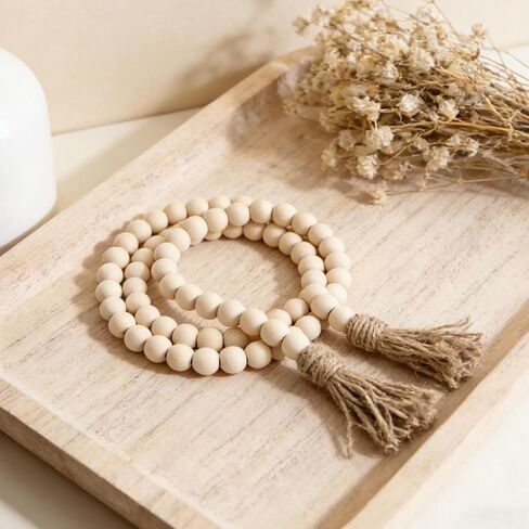 59in Wood Bead Garland, 10pcs Eucalyptus Stems Artificial Eucalyptus Leaves, Farmhouse Beads Rustic Country Prayer Boho Beads for Wedding Centerpiece Tiered Tray Coffee Table Mantel Decor in Saudi Arabia
