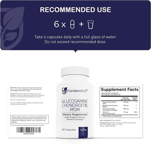 مكمل FürstenMED® Glucosamine Chondroitin MSM - مكملات الكوندرويتين والجلوكوزامين الغذائية للعظام وصحة الغضروف الطبيعية - مكمل دعم المفاصل مع فيتامين C - 180 كبسولة in Saudi Arabia