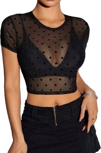 Avidlove Mesh Crop Top for Women Short Sleeve Bodycon Tees See Through Blouse O Neck Clubwear in Saudi Arabia
