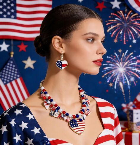 Patriotic Necklace Earrings Rede White Blue Heart Pendant Necklace Gold Chain Necklace Jewelry Set for Women Independence Day Gift in Saudi Arabia