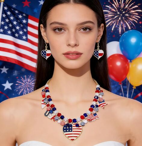 Patriotic Necklace Earrings Rede White Blue Heart Pendant Necklace Gold Chain Necklace Jewelry Set for Women Independence Day Gift in Saudi Arabia