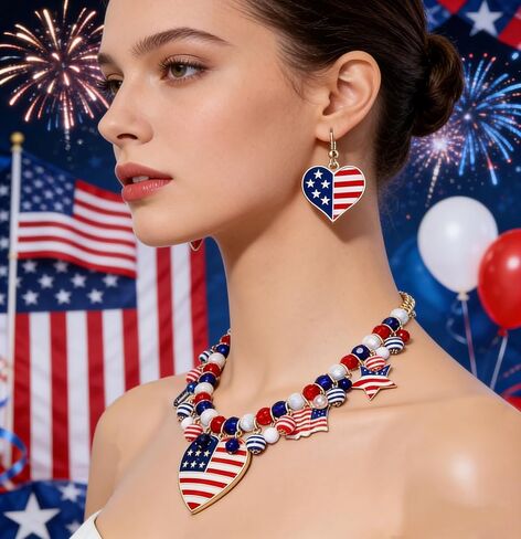 Patriotic Necklace Earrings Rede White Blue Heart Pendant Necklace Gold Chain Necklace Jewelry Set for Women Independence Day Gift in Saudi Arabia