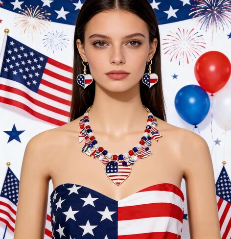 Patriotic Necklace Earrings Rede White Blue Heart Pendant Necklace Gold Chain Necklace Jewelry Set for Women Independence Day Gift in Saudi Arabia