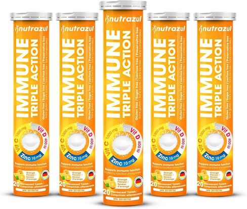 nutrazul Immune Triple Action Effervescent Tablets - Vitamin C 1000 mg, Vitamin D 400 IU, Zinc 10mg I Orange (Pack of 5X20) | Gluten Free, Sugar Free, Lactose Free & Preservative Free in Saudi Arabia