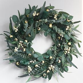 HomeKaren Wreaths for Front Door 22 Inch, All Season Greenery Wreath Olive Eucalyptus Leaves and White Mixed Berry for Indoor Outdoor Farmhouse Home Porch Wall Window Festival Wedding Decor in Kuwait