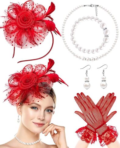 Bniksok 5 Pack Red Fascinators Hat for Women Tea Party Veil Mesh Headband Feather Derby Hat Lace Gloves Pearl Jewelry Set for 1920s Party in Kuwait