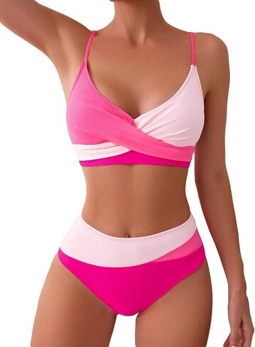 Falainetee Women's 2 Piece Colorblock High Waisted Wrap Spaghetti Strap Summer Swimsuit Bikini Set in Kuwait