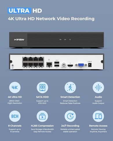 H.VIEW 8 Channel 4K POE NVR Network Video Recorder 4K/8MP/6MP/5MP/4MP/3MP/1080p/720p Support 8x8MP/4K IP Security Cameras, Max up to 6TB Hard Drive(Not Included), Support All Our poe IP Cameras in Saudi Arabia