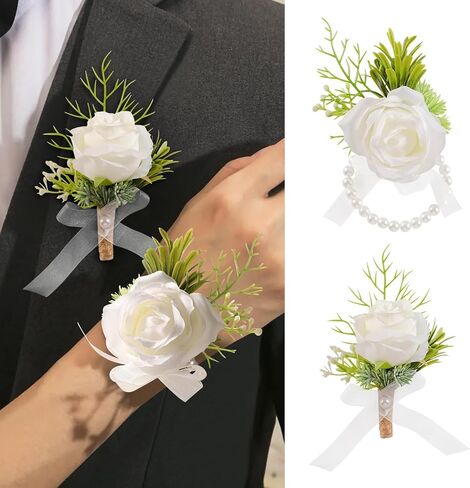 Garisey 2pcs White Rose Boutonniere for Men Artificial Rose Flower for Wedding Flowers Ceremony Prom Flower (2 Boutonniere) in Saudi Arabia