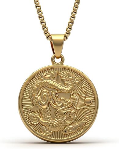 Fusamk Hip Hop 18K Alloy Dragon Round Tag Necklace Coin Necklace، 22" Box Chain in Saudi Arabia