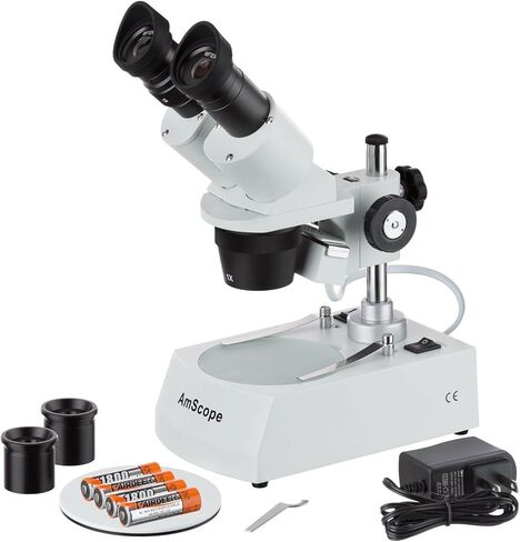 AmScope SE305R-PZ-E Digital Forward-Mounted Binocular Stereo Microscope, WF10x and WF20x Eyepieces, 10X/20X/30X/60X Magnification, 1X and 3X Objectives, Upper and Lower Halogen Lighting, Reversible Black/White Stage Plate, Pillar Stand, 120V, Includes 0.3 in Kuwait