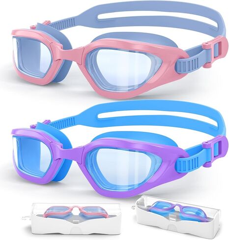 Kids Swim Goggles in Dual-Tone, Adjustable Nose Pads & Soft Silicone for Leak-proof(6-14), Clear Vision & Anti-Fog & Anti-UV in Saudi Arabia