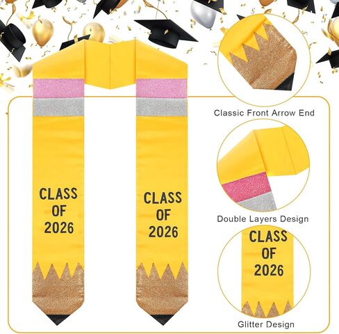Unisex Pencil Shaped Graduation Stole Yellow Class of 2024 Graduation Stole Glitter Graduation Stole 72" Long High School and College Student Graduation Sash Gifts for Men Women in Saudi Arabia