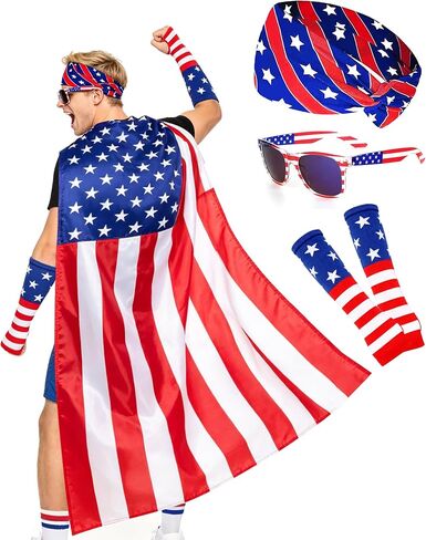 Hikkcos 4th of July American Flag Costume Cape American Flag Bandana Patriotic Sunglasses Independence Day Halloween Party Adult Patriotic Accessories Multi in Saudi Arabia
