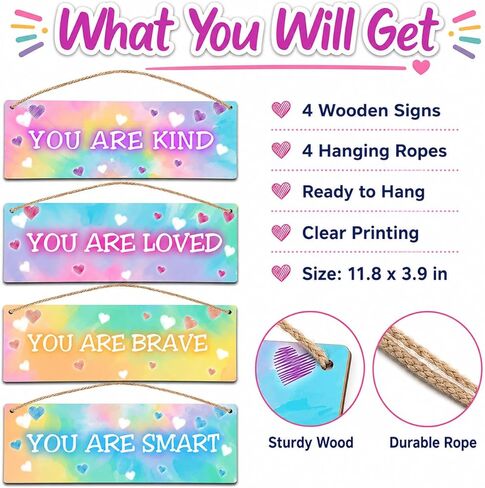 ISOVF 4 Pieces Tie Dye Decor Kids Room Wall Decor Wooden Sign - Motivational Wall Art For Kids Room Nursery Playroom Classroom - You Are Loved You Are Brave You Are Kind You Are Smart(Sign-04) in Saudi Arabia