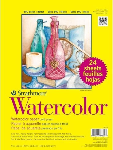 لوحة ورق بألوان مائية من سلسلة Strathmore 300، شريط لاصق، 9 × 12 بوصة، 12 ورقة (140 رطل/300 جم) - ورق فني للبالغين والطلاب - ألوان مائية، وسائط مختلطة، أقلام تحديد ومذكرات فنية in Kuwait