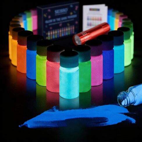 SEISSO Luminous Glitter Set - 12 Bottles, 10g/Bottle Chunky Glitter Powder with UV Flashlight for Resin Arts, Crafts, Body, Face, Nail, Tumbler, Slime in Kuwait