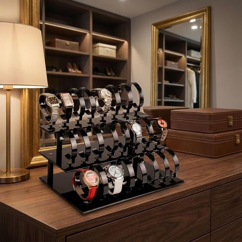 3-Tier Watch Stand Holder Removable 24 Acrylic Watch Jewelry Display Rack Watch Display Rack Organizer for Men and Women(BLACK) in Saudi Arabia