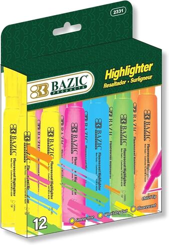 BAZIC Highlighter Assorted Color Desk Style, Chisel Tip Broad Fine Line Highlighters, Unscented Highlighting Coloring Marker (12/Pack), Total 12-Count in Saudi Arabia