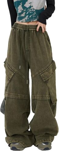 Washed Cargo Pants Distressed Jeans Wide Leg Elastic Waist Unisex Pants with Big Pockets in Saudi Arabia