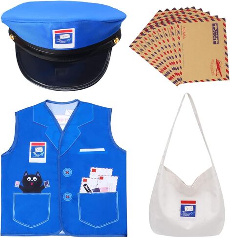 Kids Mailman Costume Mail Carrier Hat Mr. Postman Canvas Bag Vest Envelopes For Halloween Career Day Postal Costume in Saudi Arabia