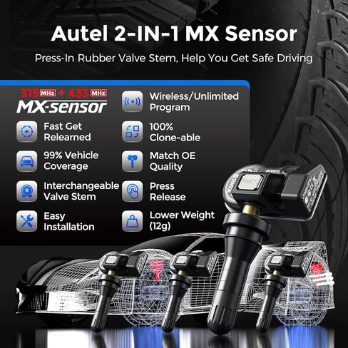 Autel TPMS Sensor, MX-Sensor 2 in 1 (315MHz + 433MHz) for 99% of Cars, Wireless Programming 100% Cloneable, Same as OE Sensors, 6-Year Battery Life (Press-in Rubber Valve, 8PCS) in Saudi Arabia