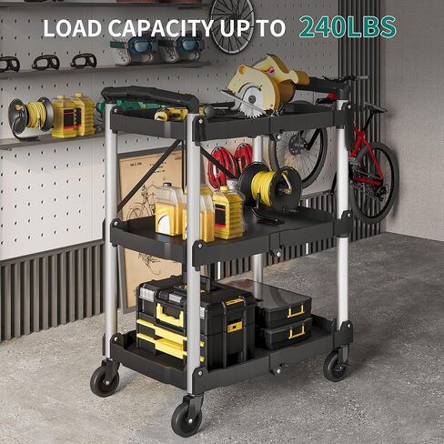 YITAHOME 350 LBS Folding Utility Service Cart, 3 Tier Foldable Cart with Wheels Collapsible Cart on Wheels with 360°Swivel Wheels (2 with Brakes), Portable Cart for Home Garage Restaurant Office in Saudi Arabia