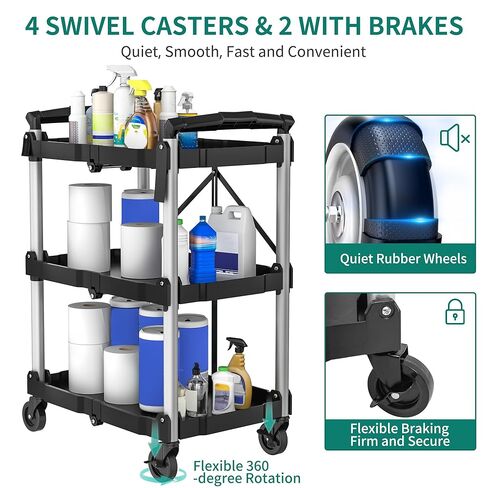 YITAHOME 350 LBS Folding Utility Service Cart, 3 Tier Foldable Cart with Wheels Collapsible Cart on Wheels with 360°Swivel Wheels (2 with Brakes), Portable Cart for Home Garage Restaurant Office in Saudi Arabia