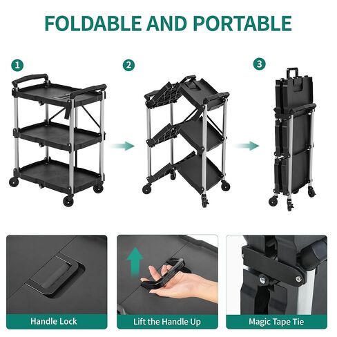 YITAHOME 350 LBS Folding Utility Service Cart, 3 Tier Foldable Cart with Wheels Collapsible Cart on Wheels with 360°Swivel Wheels (2 with Brakes), Portable Cart for Home Garage Restaurant Office in Saudi Arabia
