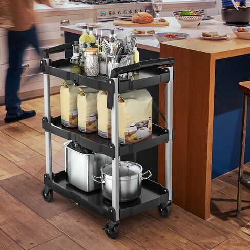 YITAHOME 350 LBS Folding Utility Service Cart, 3 Tier Foldable Cart with Wheels Collapsible Cart on Wheels with 360°Swivel Wheels (2 with Brakes), Portable Cart for Home Garage Restaurant Office in Saudi Arabia