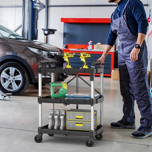 YITAHOME 350 LBS Folding Utility Service Cart, 3 Tier Foldable Cart with Wheels Collapsible Cart on Wheels with 360°Swivel Wheels (2 with Brakes), Portable Cart for Home Garage Restaurant Office in Saudi Arabia