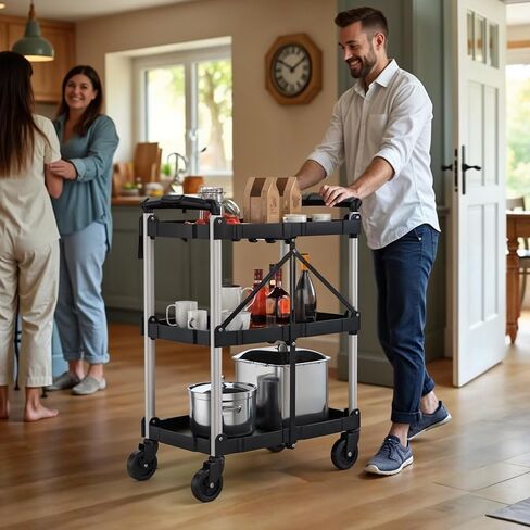 YITAHOME 350 LBS Folding Utility Service Cart, 3 Tier Foldable Cart with Wheels Collapsible Cart on Wheels with 360°Swivel Wheels (2 with Brakes), Portable Cart for Home Garage Restaurant Office in Saudi Arabia