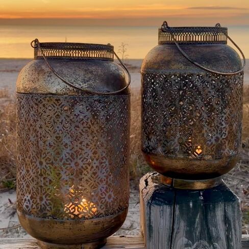 Moroccan Temple Lanterns, Set of 2, Hurricanes, Vintage, Lacy Lattice Patterned Bellies, for LED or Wax Candles, Patina Finish Brass Metal, Hinged Top, 17 and 13 Inches Tall in Saudi Arabia