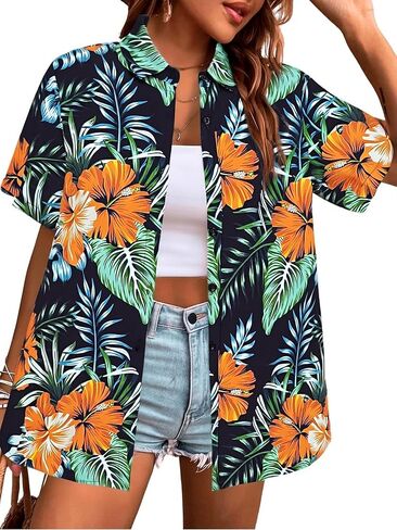 Women Hawaiian Shirt Floral Tropic Print Tee Hawaii Button Down Tshirt Beach T Shirt Summer Short Sleeve Tops in Saudi Arabia